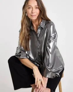 Womens Metallic Long Sleeve Shirt - Silver