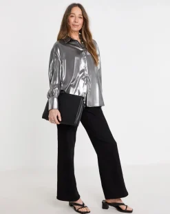 Womens Metallic Long Sleeve Shirt - Silver