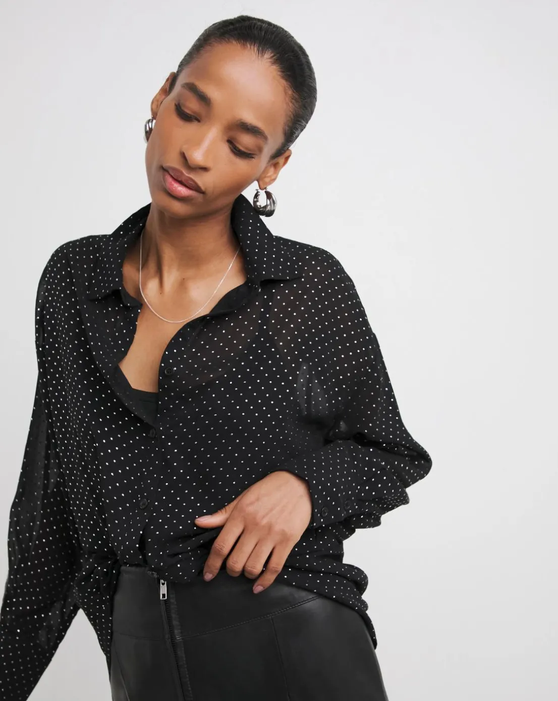 Womens Metallic Spot Chiffon Oversized Long Sleeve Shirt - Black