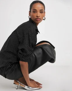 Womens Metallic Spot Chiffon Oversized Long Sleeve Shirt - Black