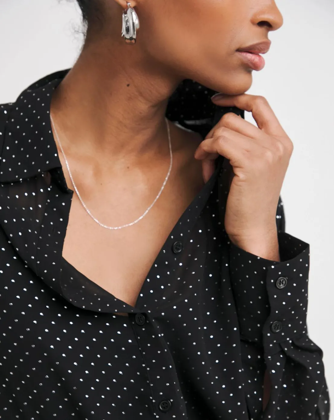 Womens Metallic Spot Chiffon Oversized Long Sleeve Shirt - Black