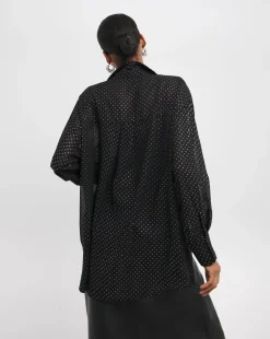 Womens Metallic Spot Chiffon Oversized Long Sleeve Shirt - Black
