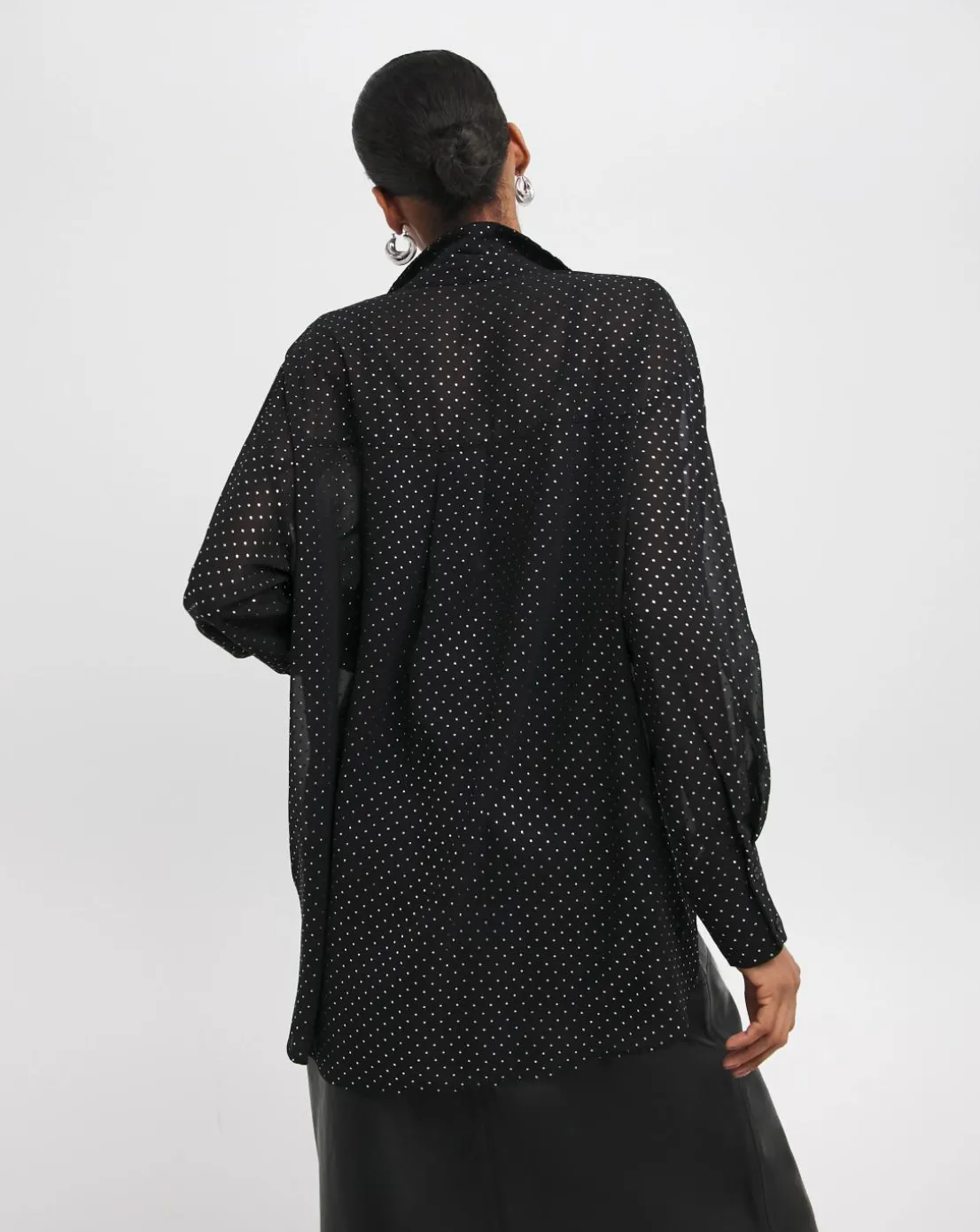 Womens Metallic Spot Chiffon Oversized Long Sleeve Shirt - Black