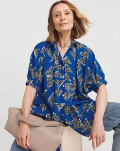 Womens Printed Oversized Blouse - Blue Abstract