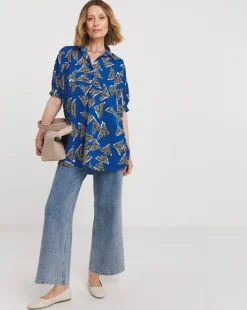 Womens Printed Oversized Blouse - Blue Abstract