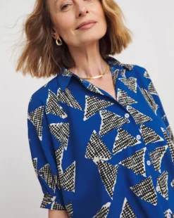 Womens Printed Oversized Blouse - Blue Abstract