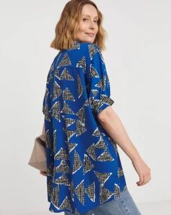 Womens Printed Oversized Blouse - Blue Abstract