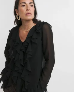 Womens Ruffle Romantic Long Sleeve Blouse - Black