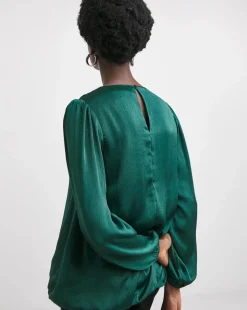 Womens Satin Bubble Hem Blouse - Green