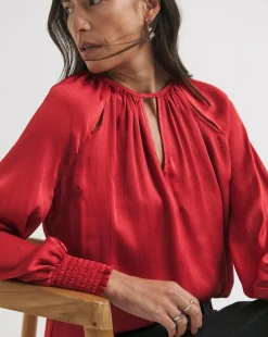 Womens Satin Cut Out Detail Long Sleeve Blouse - Red