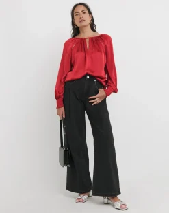 Womens Satin Cut Out Detail Long Sleeve Blouse - Red