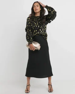 Womens Satin High Neck Ruffle Detail Raglan Sleeve Blouse - Gold Foil Print