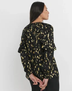 Womens Satin High Neck Ruffle Detail Raglan Sleeve Blouse - Gold Foil Print