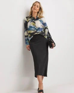 Womens Satin Longline Long Sleeve Shirt - Blue/Natural Abstract