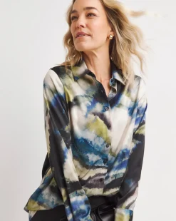 Womens Satin Longline Long Sleeve Shirt - Blue/Natural Abstract
