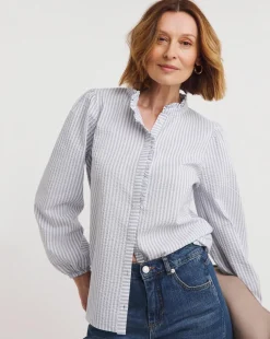 Womens Seersucker Frill Detail Long Sleeve Blouse - Blue Stripe