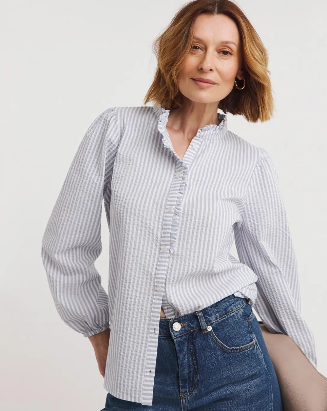 Womens Seersucker Frill Detail Long Sleeve Blouse - Blue Stripe