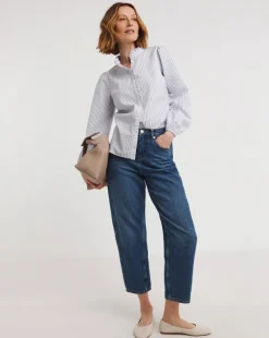 Womens Seersucker Frill Detail Long Sleeve Blouse - Blue Stripe