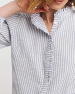 Womens Seersucker Frill Detail Long Sleeve Blouse - Blue Stripe