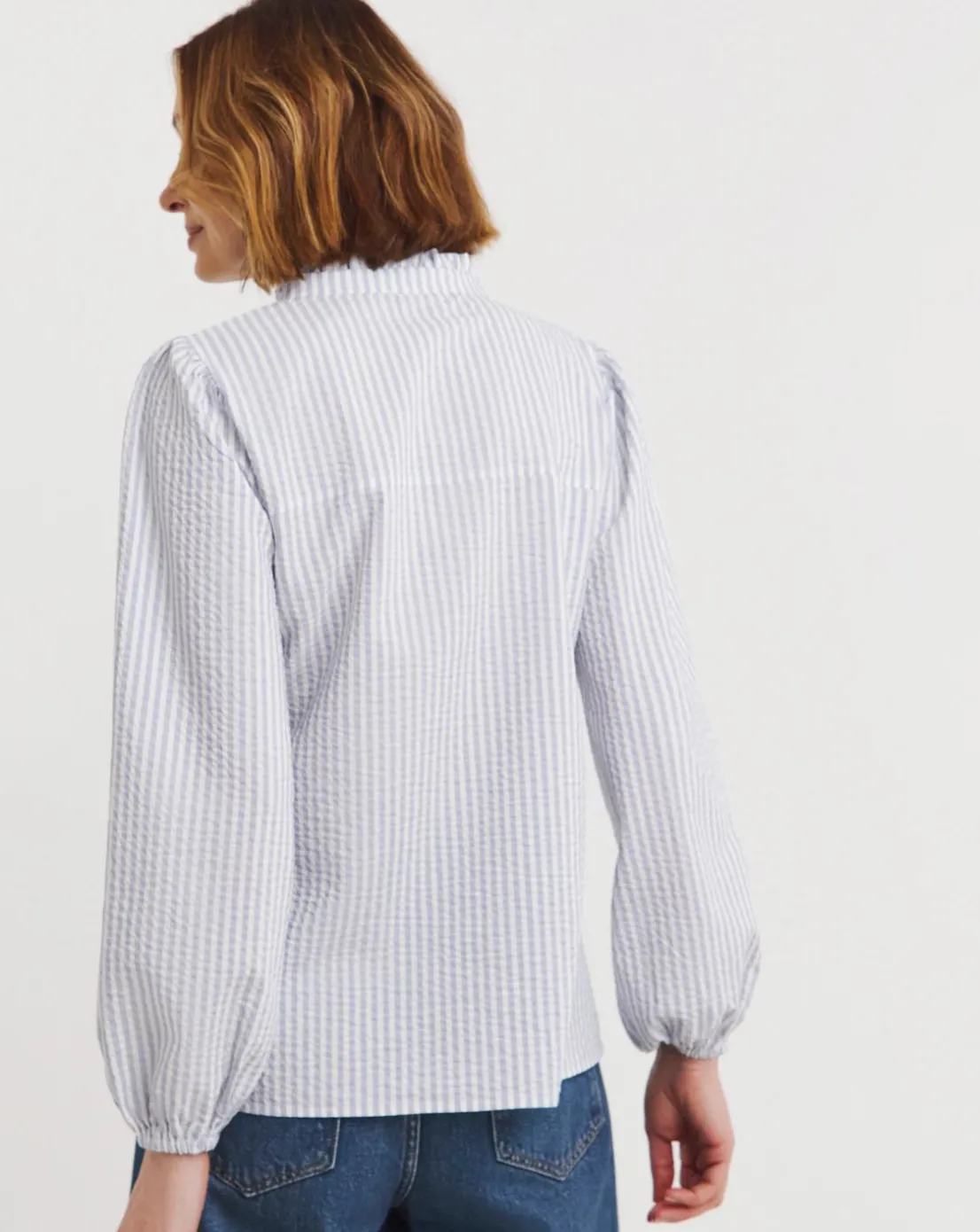 Womens Seersucker Frill Detail Long Sleeve Blouse - Blue Stripe