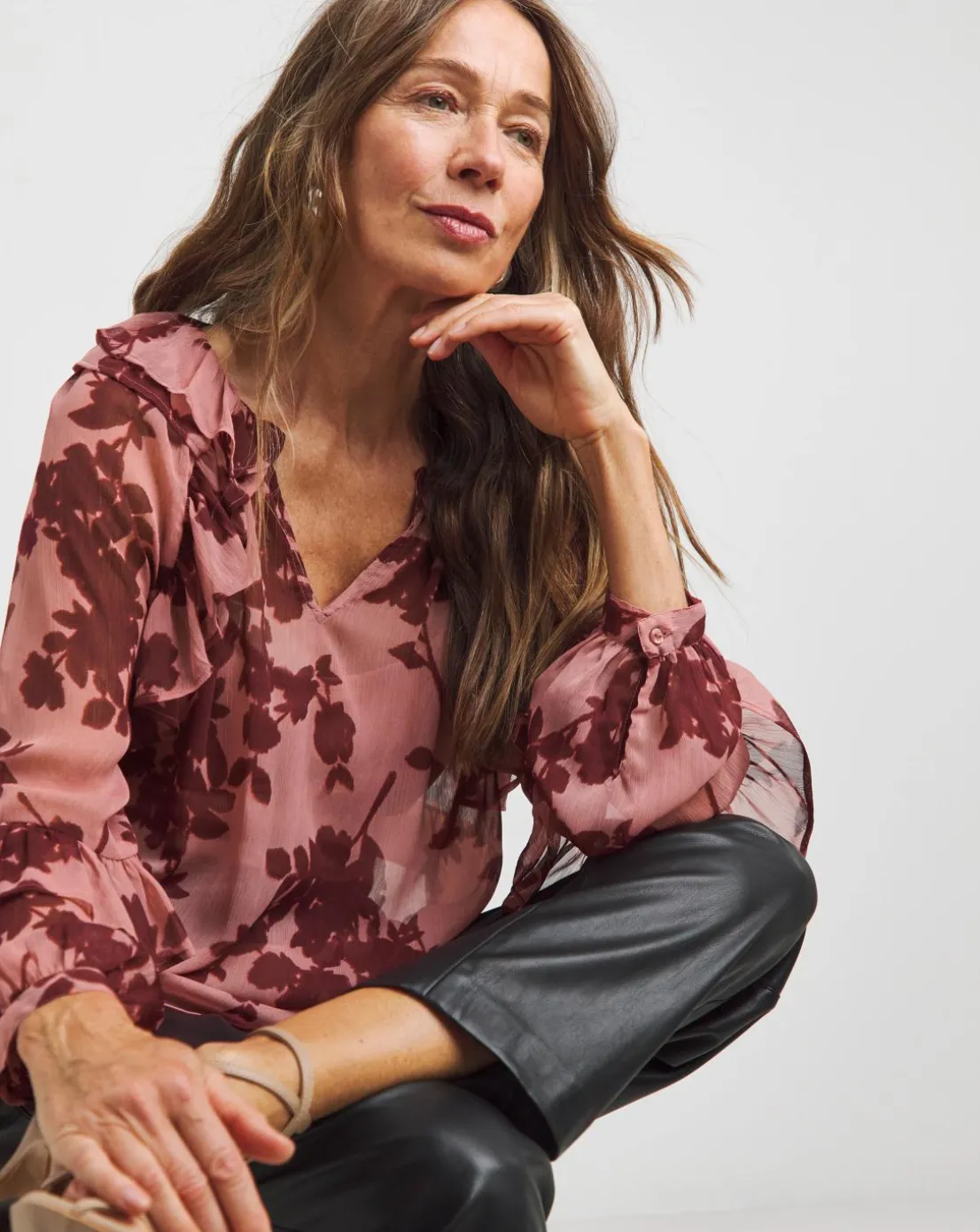 Womens Sheer Ruffle Detail Long Sleeve Blouse - Floral