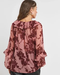 Womens Sheer Ruffle Detail Long Sleeve Blouse - Floral