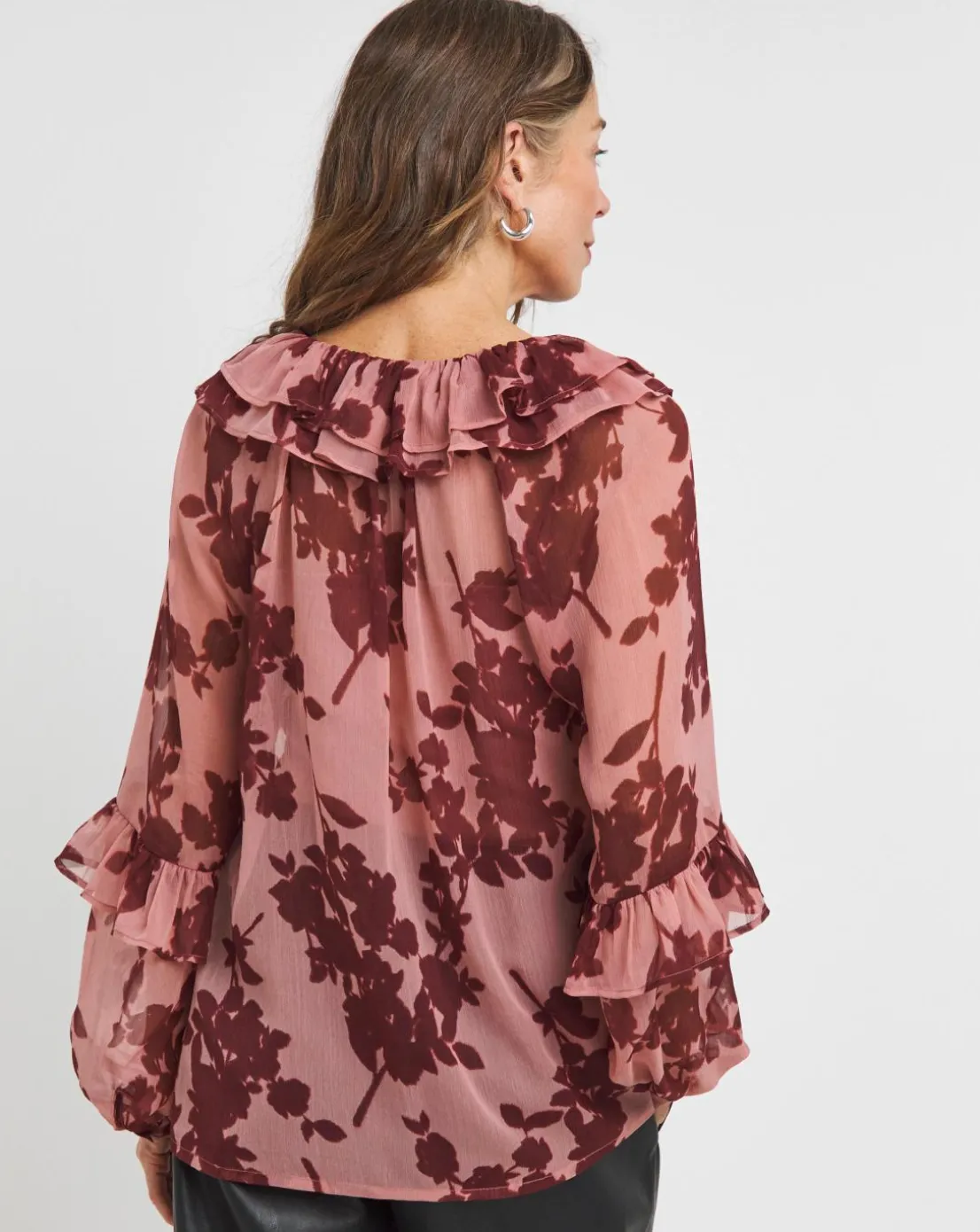 Womens Sheer Ruffle Detail Long Sleeve Blouse - Floral