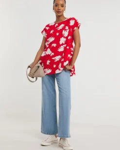 Womens Short Sleeve Smock Top - Red Floral