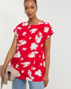Womens Short Sleeve Smock Top - Red Floral