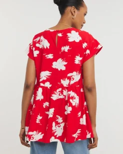 Womens Short Sleeve Smock Top - Red Floral