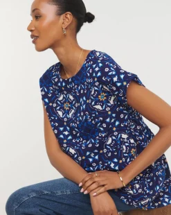 Womens Short Sleeve Smock Top - Blue Print