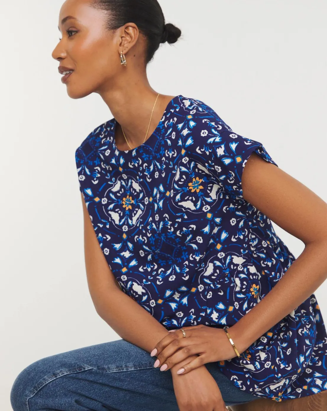 Womens Short Sleeve Smock Top - Blue Print