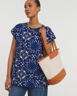 Womens Short Sleeve Smock Top - Blue Print