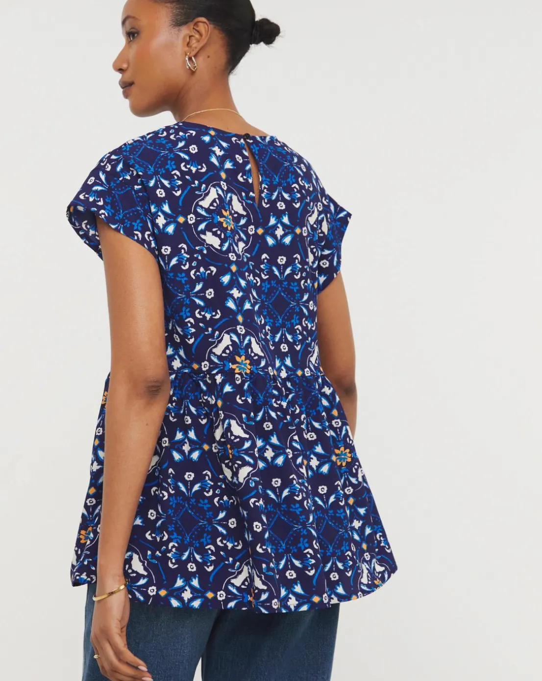 Womens Short Sleeve Smock Top - Blue Print