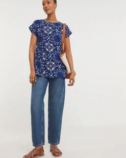 Womens Short Sleeve Smock Top - Blue Print