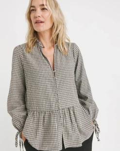 Womens Smock Frill Detail Button Through Blouse - Natural Check
