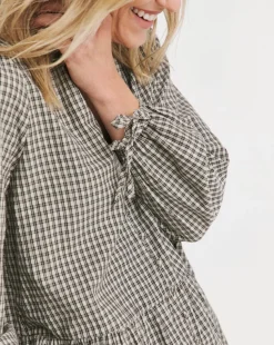 Womens Smock Frill Detail Button Through Blouse - Natural Check