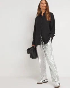 Womens Textured Oversized Long Sleeve Shirt - Black