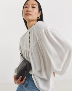 Womens Twill Collarless Blouson Sleeve Blouse- Ivory