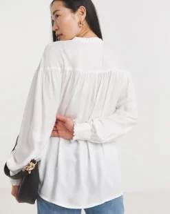 Womens Twill Collarless Blouson Sleeve Blouse- Ivory