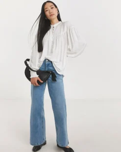 Womens Twill Collarless Blouson Sleeve Blouse- Ivory