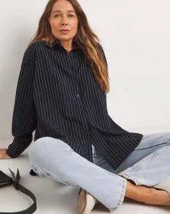 Womens Twill Oversized Long Sleeve Shirt - Navy Pinstripe