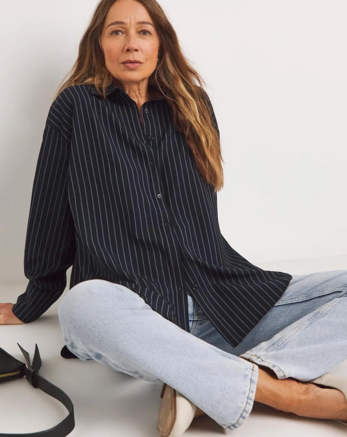 Womens Twill Oversized Long Sleeve Shirt - Navy Pinstripe