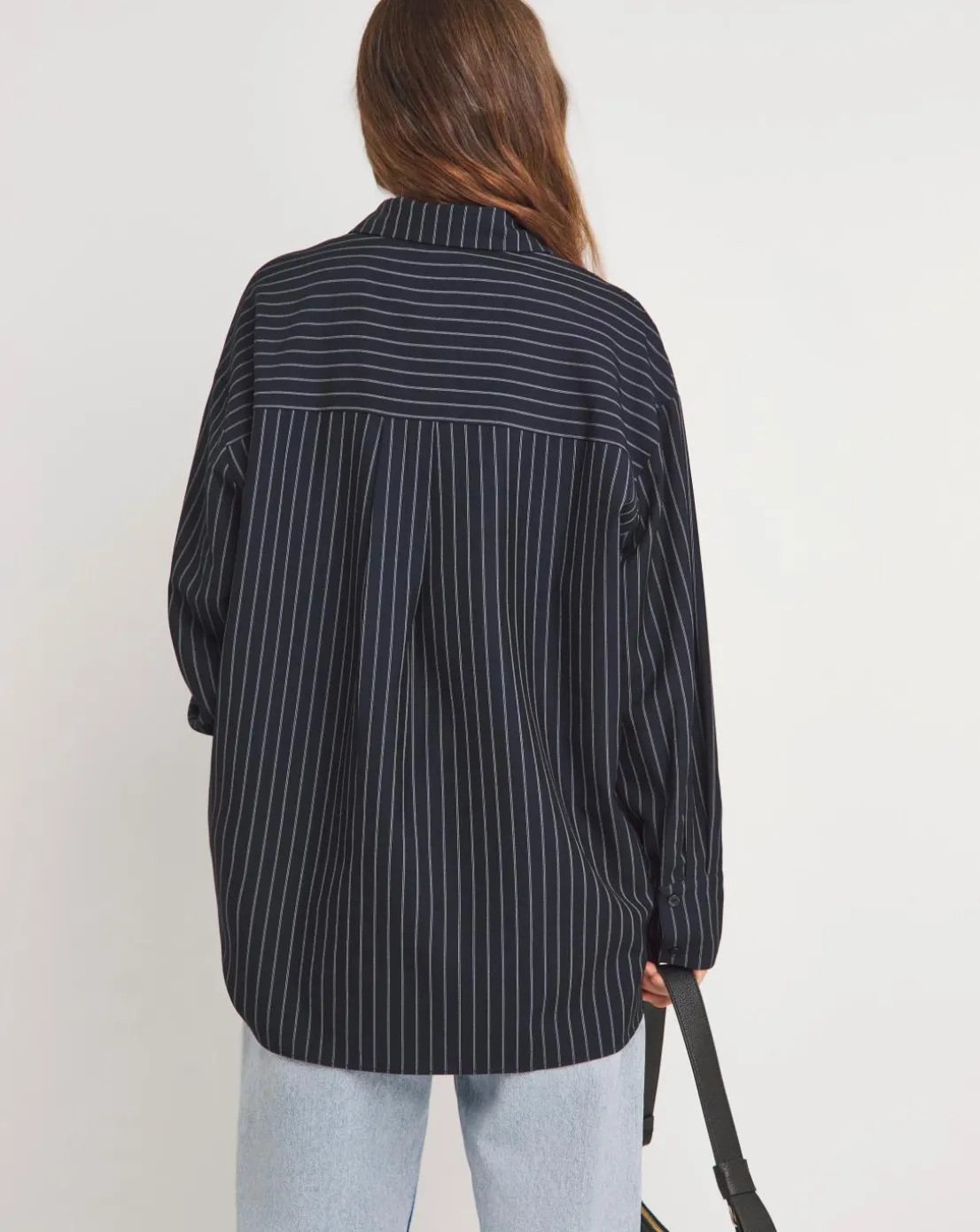 Womens Twill Oversized Long Sleeve Shirt - Navy Pinstripe