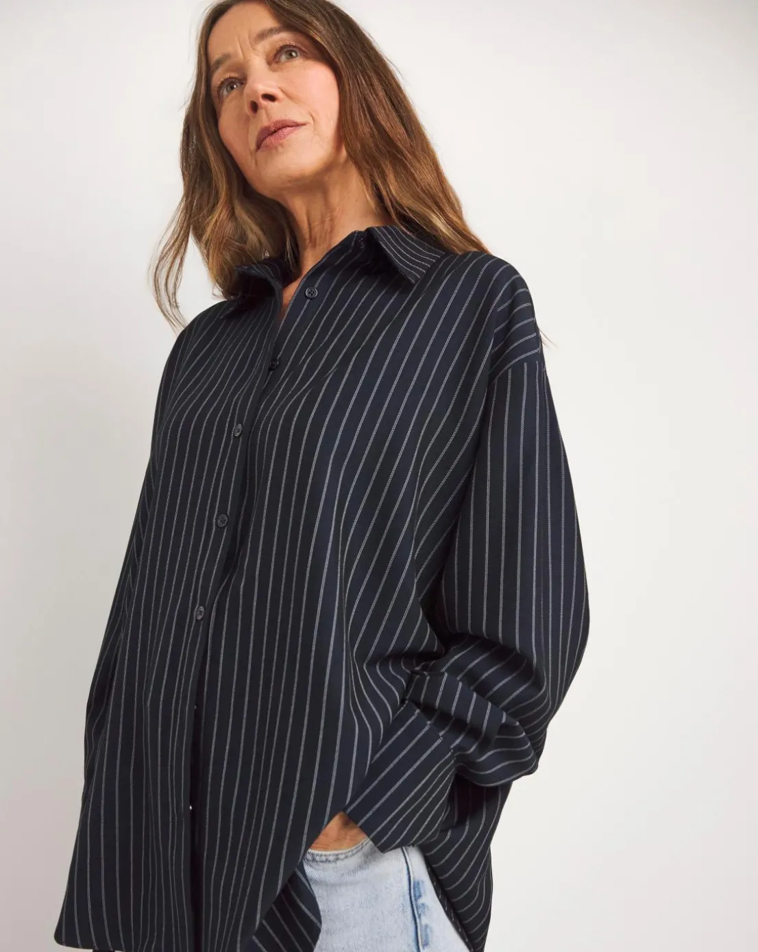 Womens Twill Oversized Long Sleeve Shirt - Navy Pinstripe