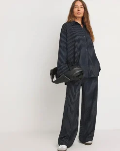 Womens Twill Oversized Long Sleeve Shirt - Navy Pinstripe