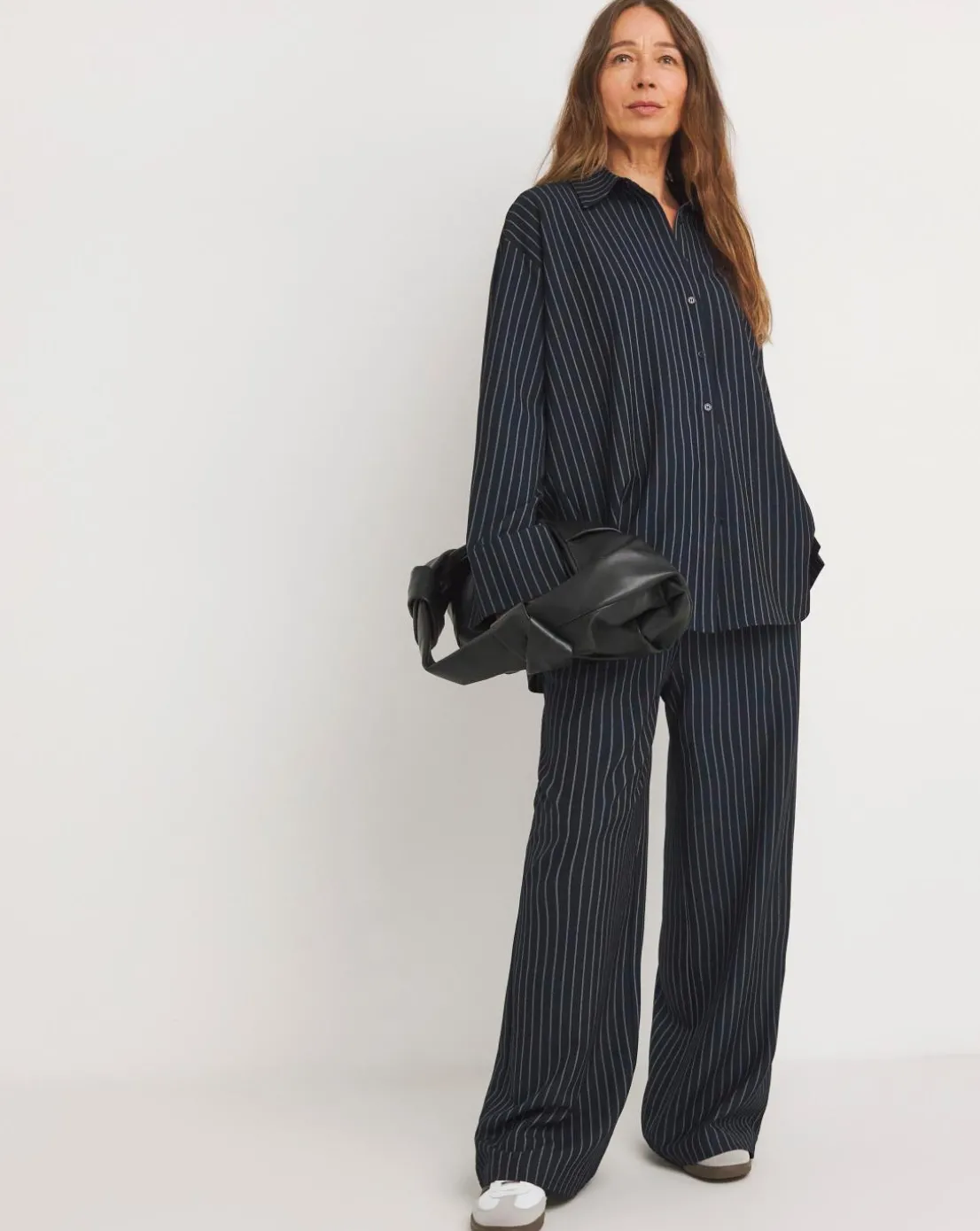 Womens Twill Oversized Long Sleeve Shirt - Navy Pinstripe
