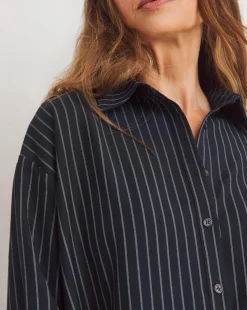 Womens Twill Oversized Long Sleeve Shirt - Navy Pinstripe