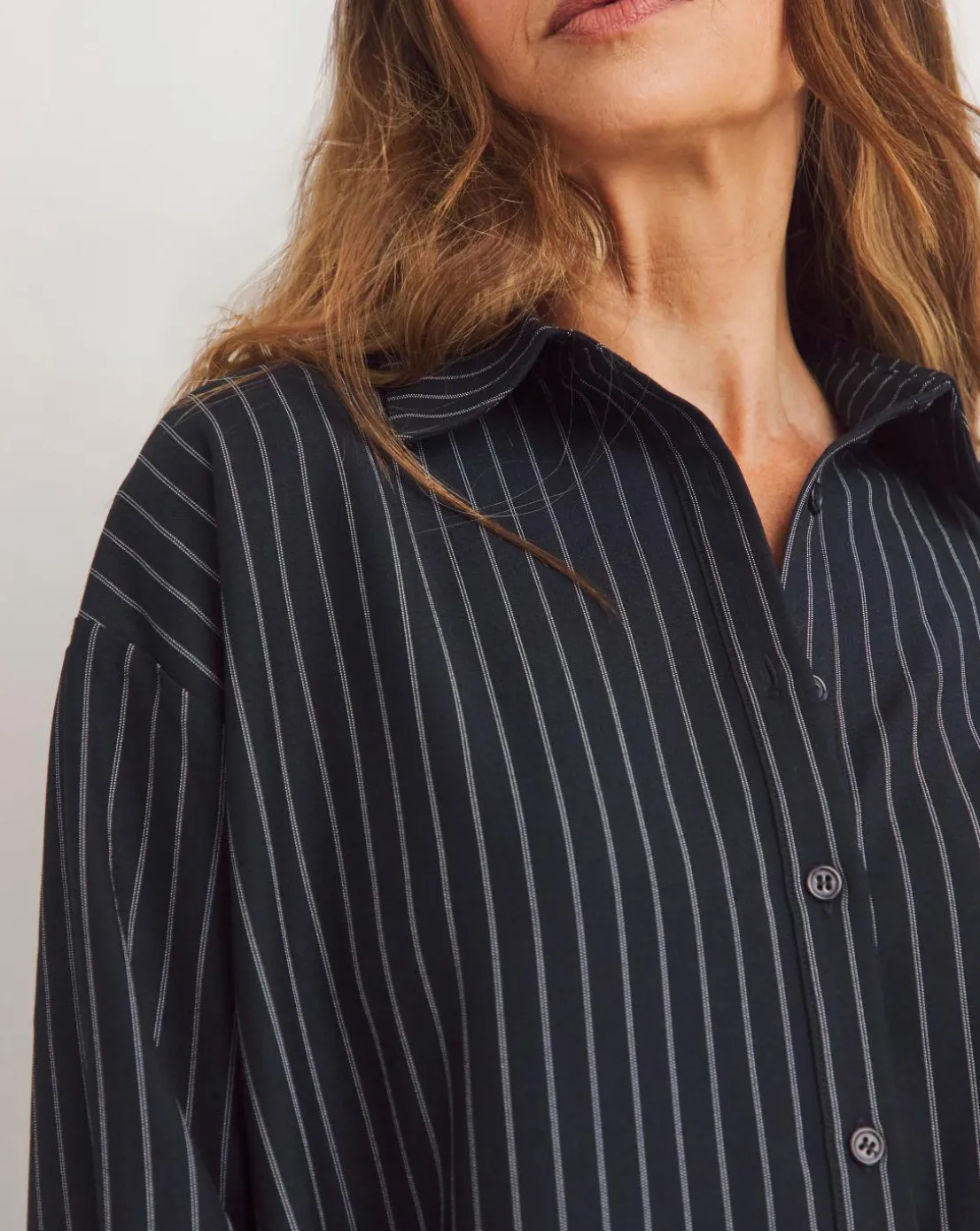 Womens Twill Oversized Long Sleeve Shirt - Navy Pinstripe