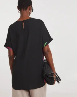 Woven Crepe Short Sleeve Boxy Top - Black Floral